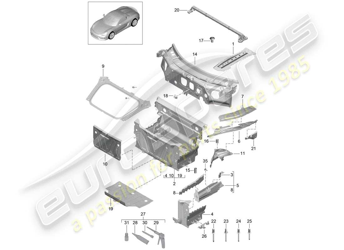 porsche 2016 (981 boxster spyder) diagrama de piezas del extremo delantero