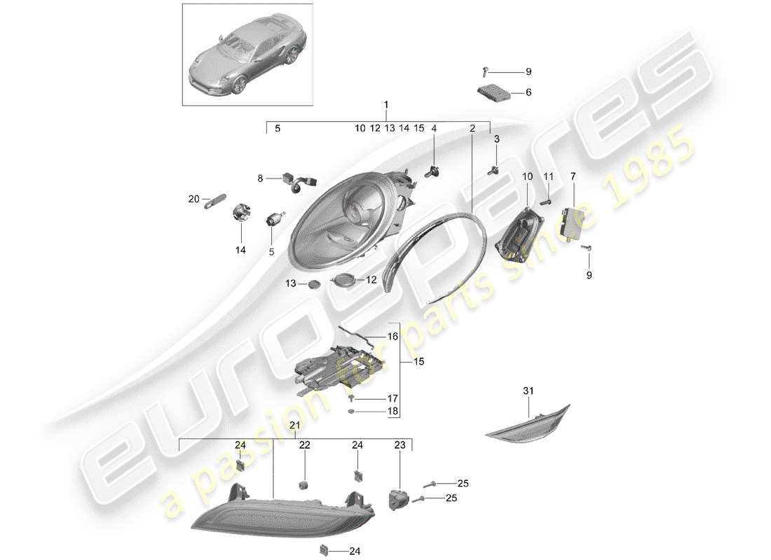 porsche 2017 (991-2 turbo) diagrama de piezas del faro