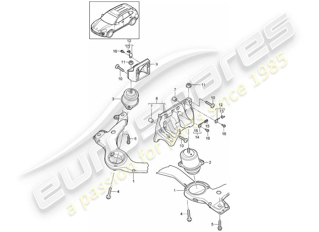porsche 2016 (cayenne e2 92a) diagrama de piezas del dispositivo de elevación del motor