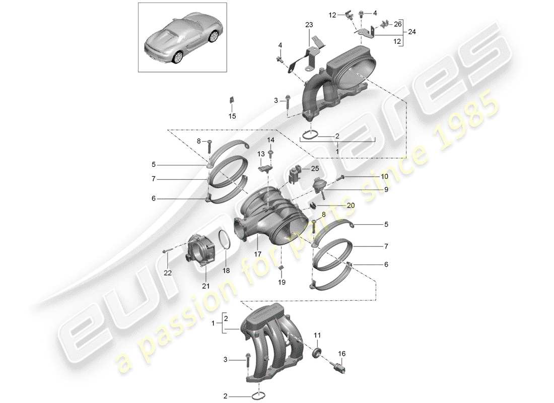 porsche 2016 (981 boxster spyder) diagrama de piezas del distribuidor de aire de admisión