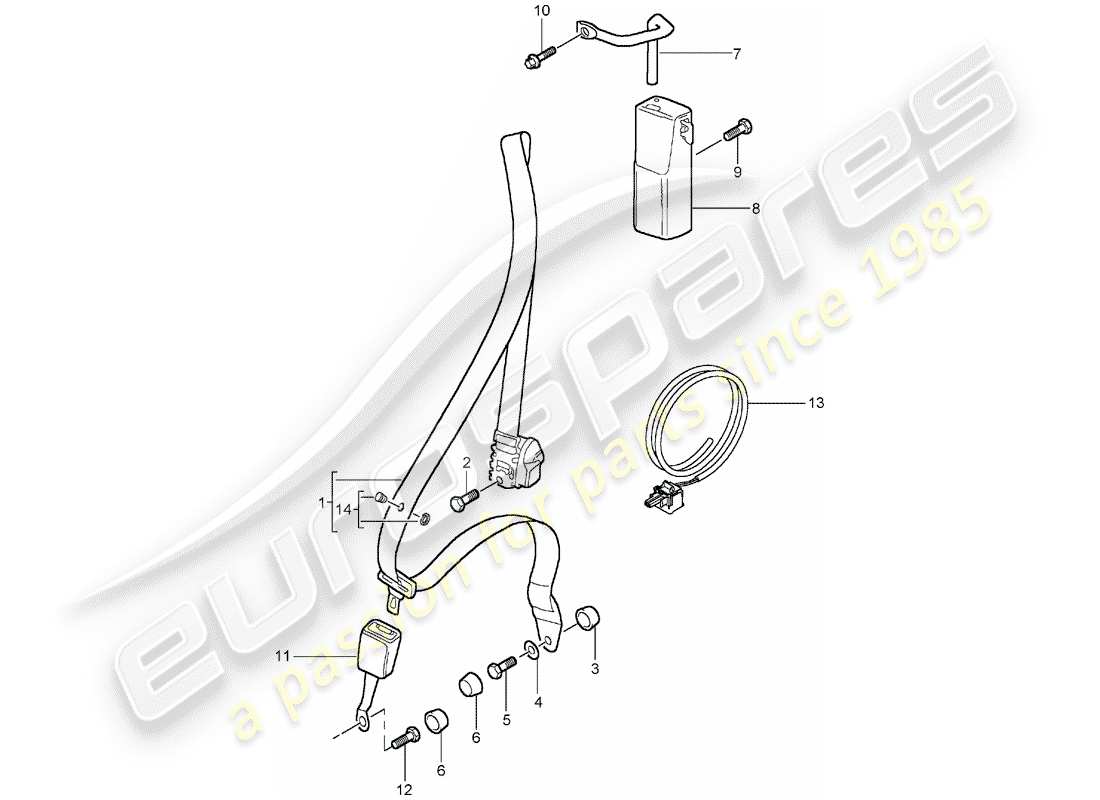 porsche 2003 (996 turbo / gt2) diagrama de piezas del cinturón de seguridad
