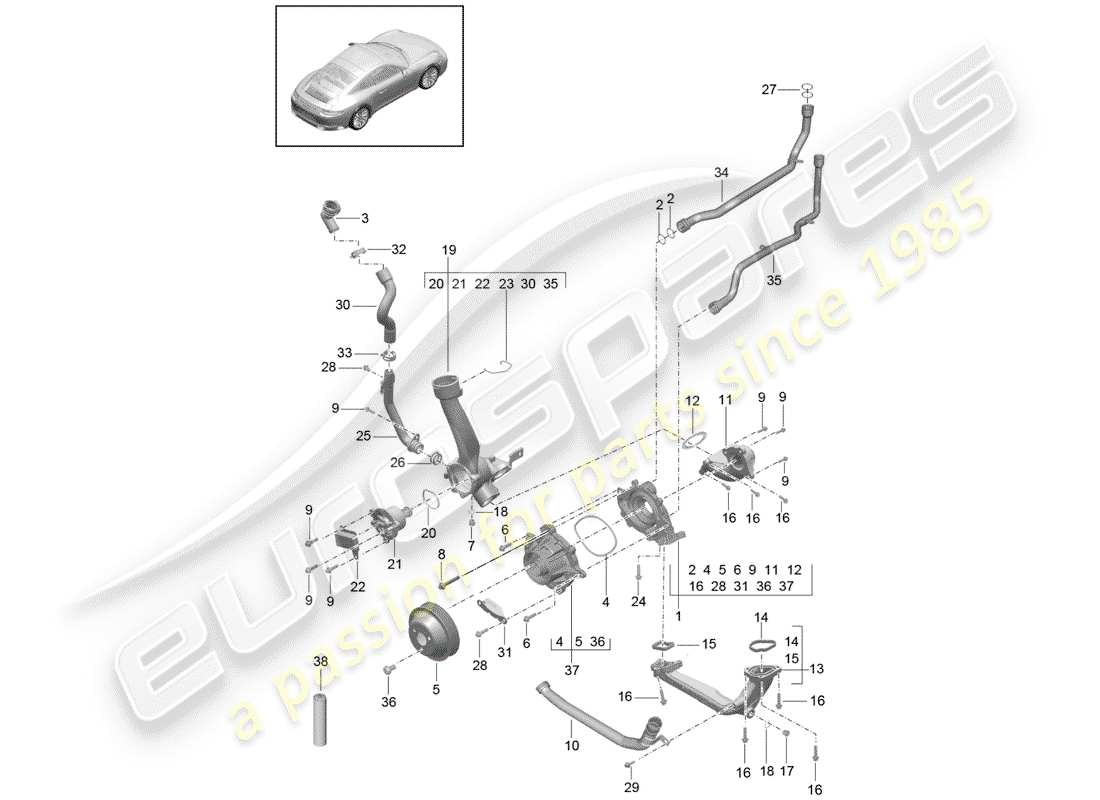 porsche 991 gen. 2 (2017) diagrama de piezas de la bomba de agua