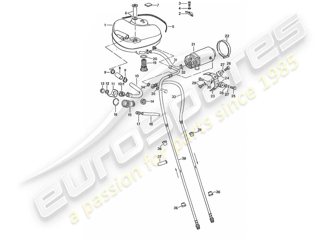 porsche 1975 (911 turbo) sistema de combustible - para vehículos con - auxiliar de aluminio. diagrama de piezas de soporte