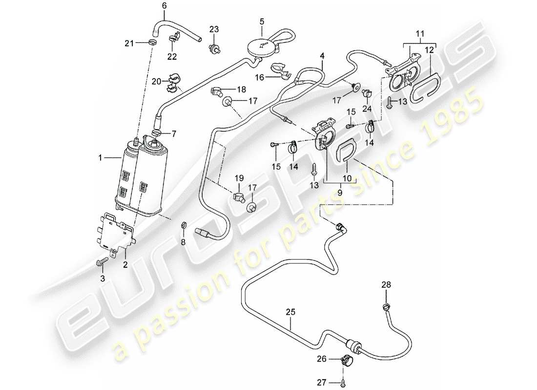 porsche 2004 (carrera gt) bote de emisiones evaporativas - con: - accesorios diagrama de piezas