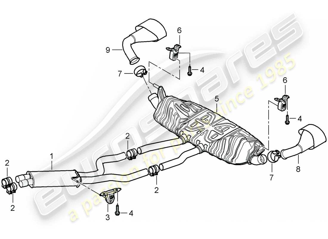 porsche 2008 (cayenne e1 9pa) diagrama de piezas del sistema de escape