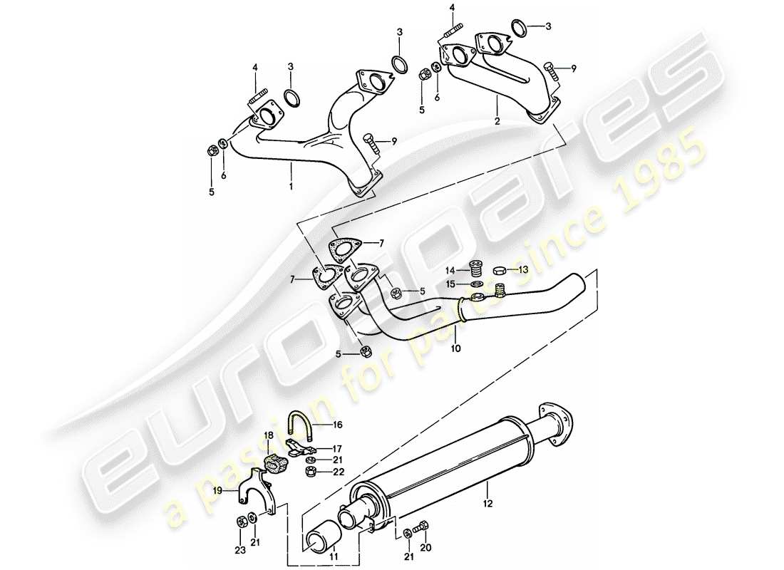 porsche 1988 (944) sistema de escape - silenciador de escape, delantero diagrama de piezas