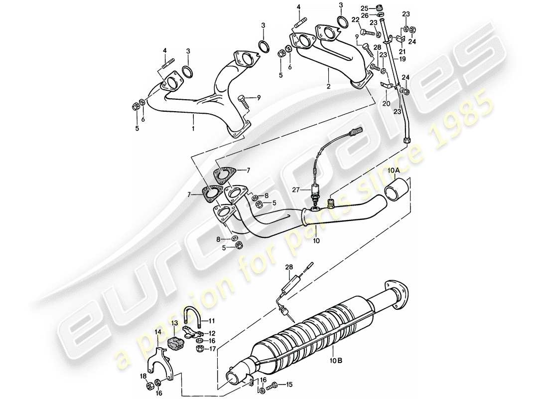 porsche 1988 (944) sistema de escape - catalizador diagrama de piezas