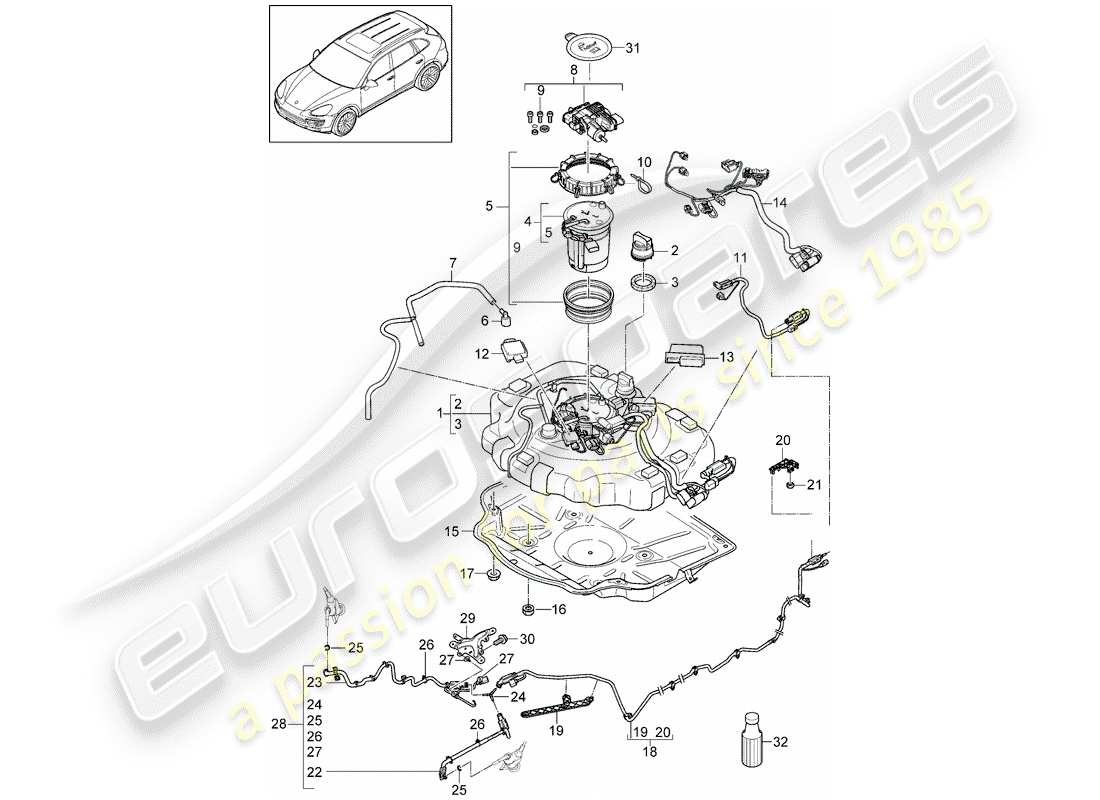 porsche 2015 (cayenne e2 92a) ex. sistema de control de emisiones diagrama de piezas