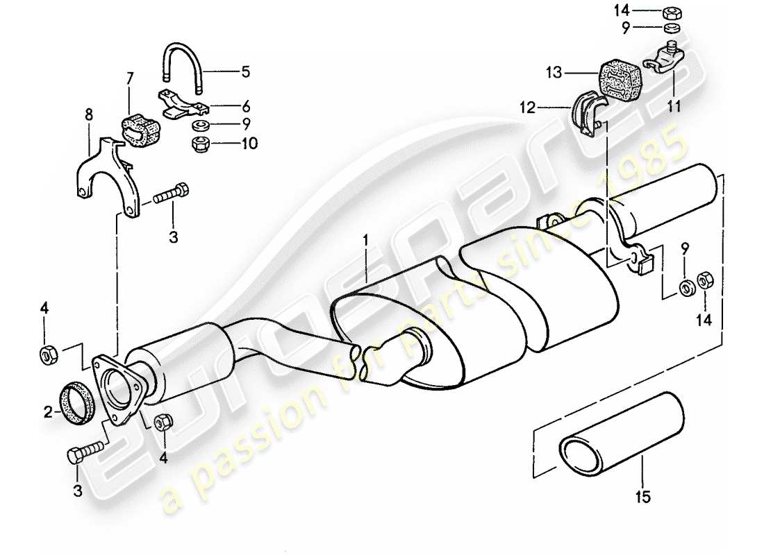 porsche 1989 (944) sistema de escape - silenciador de escape, trasero diagrama de piezas
