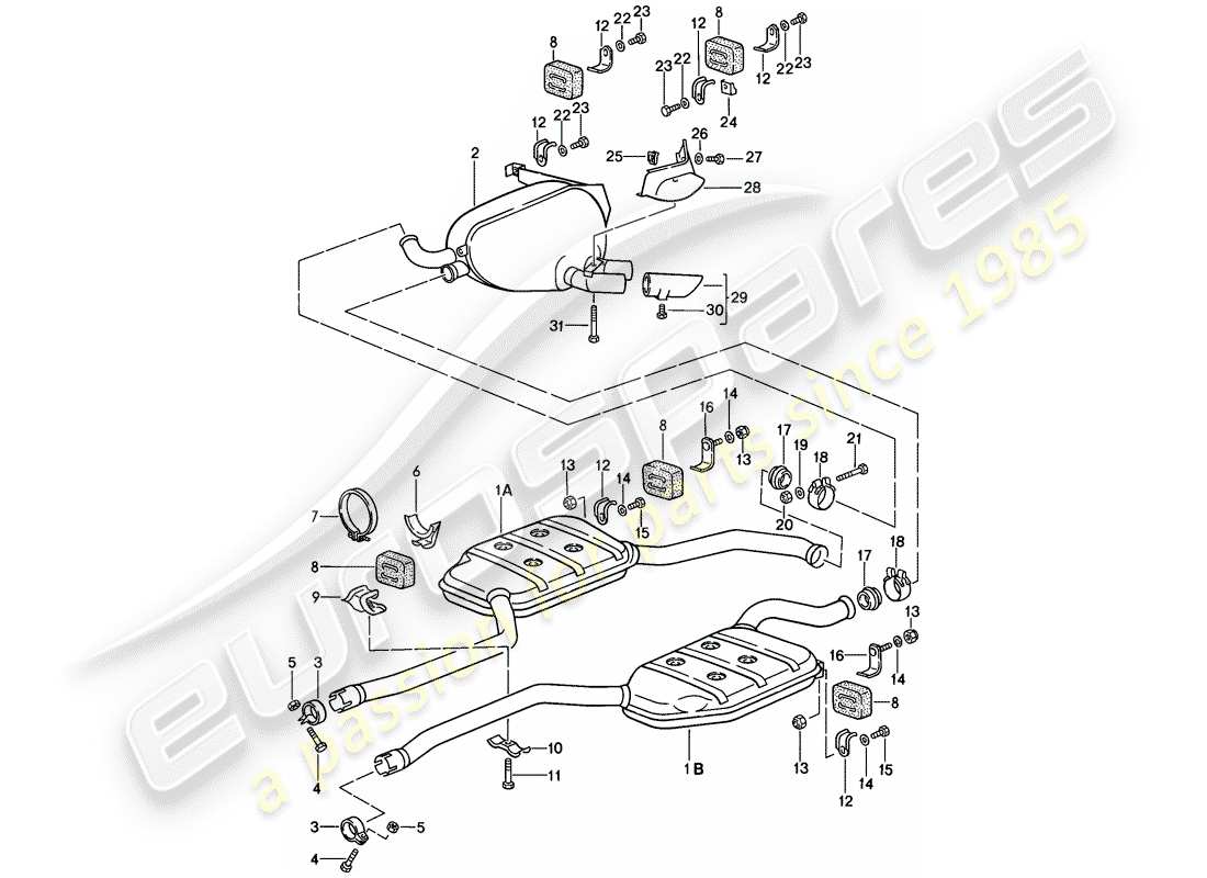 porsche 1986 (928) sistema de escape - silenciador - escape diagrama de piezas