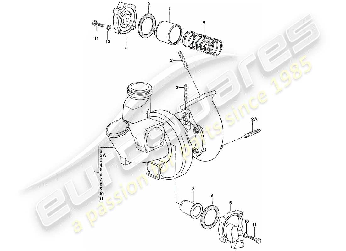 porsche 1982 (924) turbocompresor de gases de escape diagrama de piezas