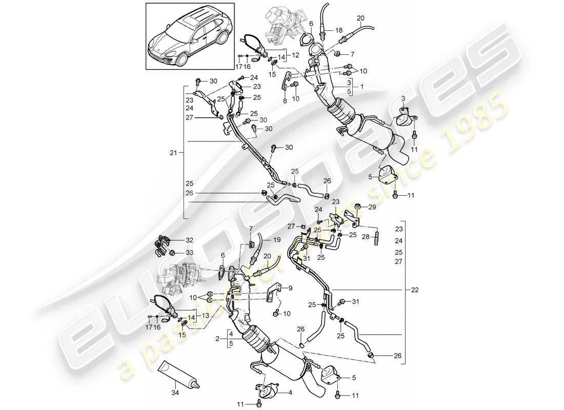 porsche 2016 (cayenne e2 92a) diagrama de piezas del sistema de escape
