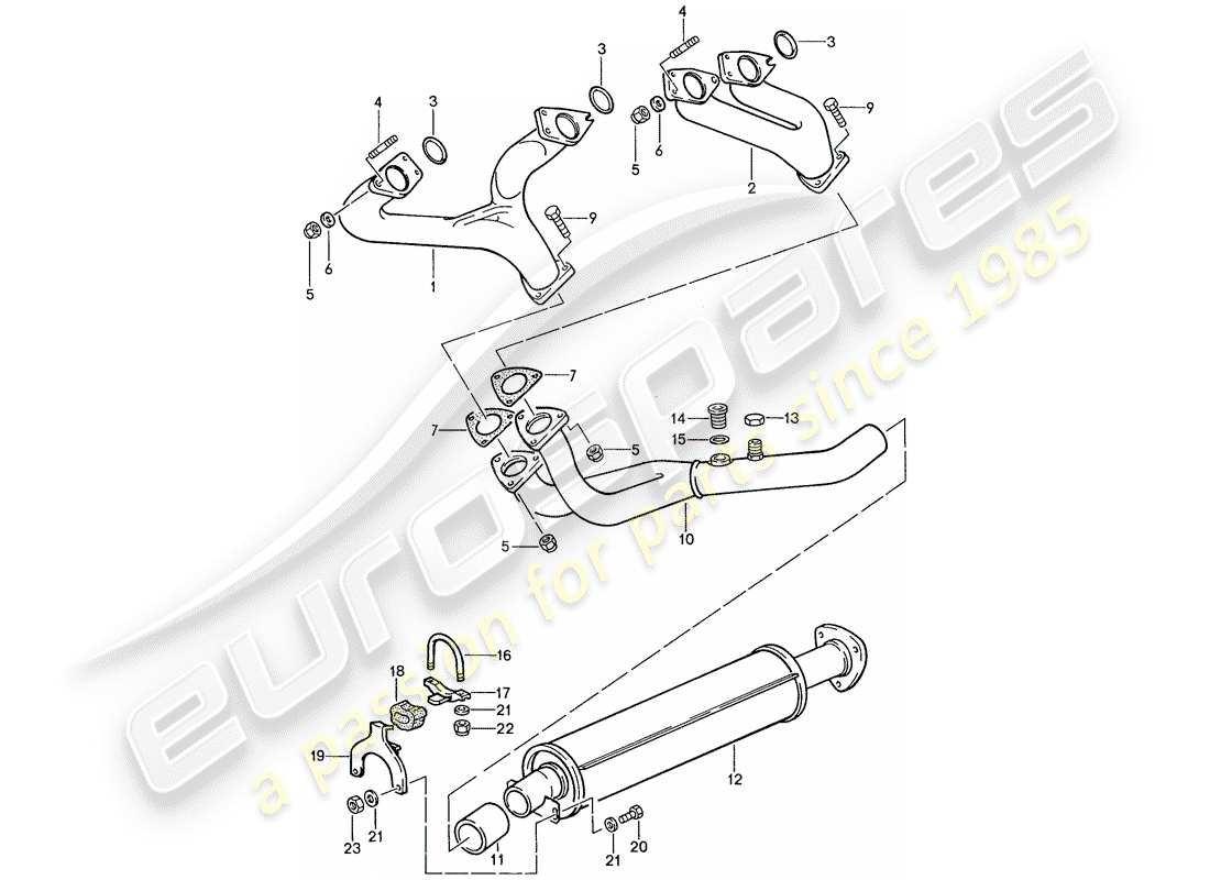 porsche 1991 (944) sistema de escape - silenciador de escape, delantero diagrama de piezas