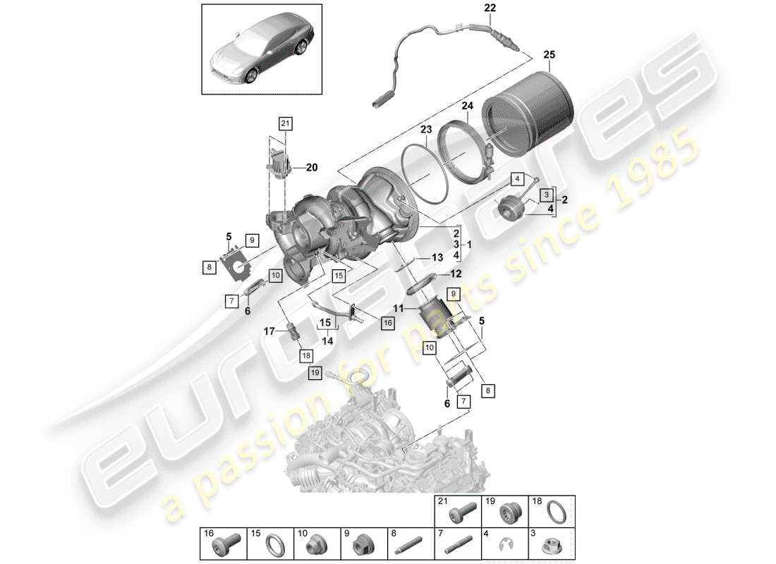 porsche 2017 (panamera 971-1) turbocompresor de gases de escape diagrama de piezas