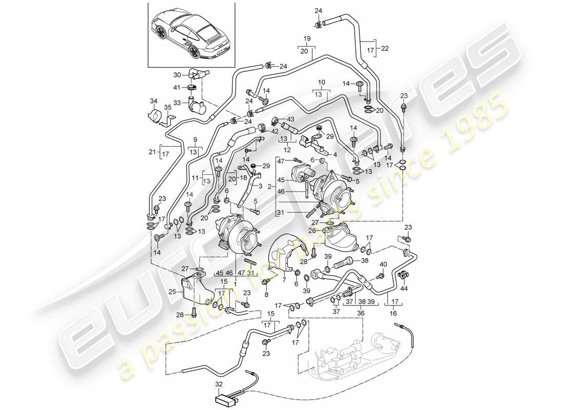 porsche 911 t/gt2rs (2012) diagrama de piezas del turbocompresor de gas de escape