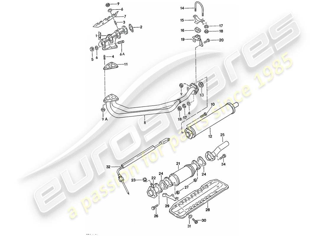 porsche 1977 (924) sistema de escape - silenciador de escape, delantero diagrama de piezas