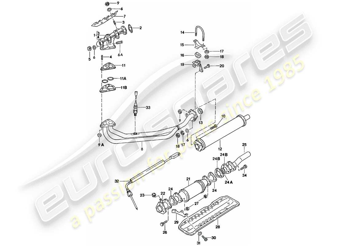 porsche 1981 (924) sistema de escape - silenciador de escape, delantero diagrama de piezas