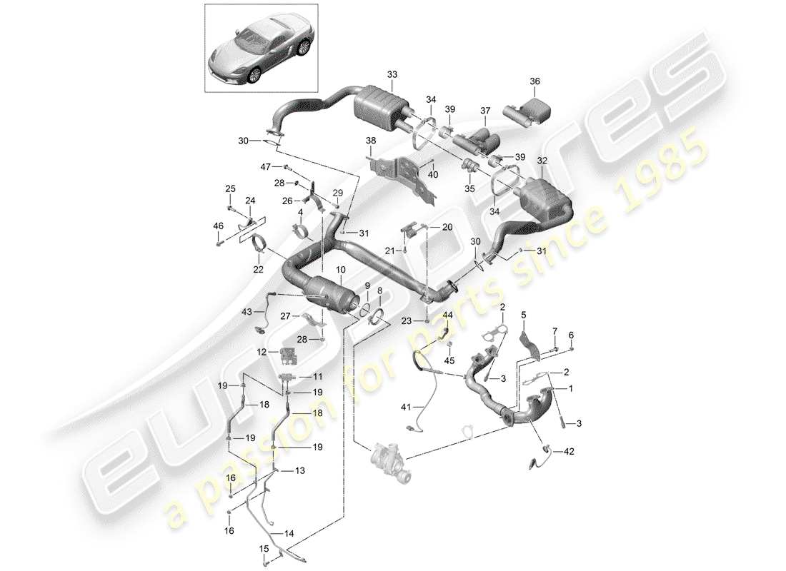 porsche 2017 (718 boxster) sistema de escape diagrama de piezas