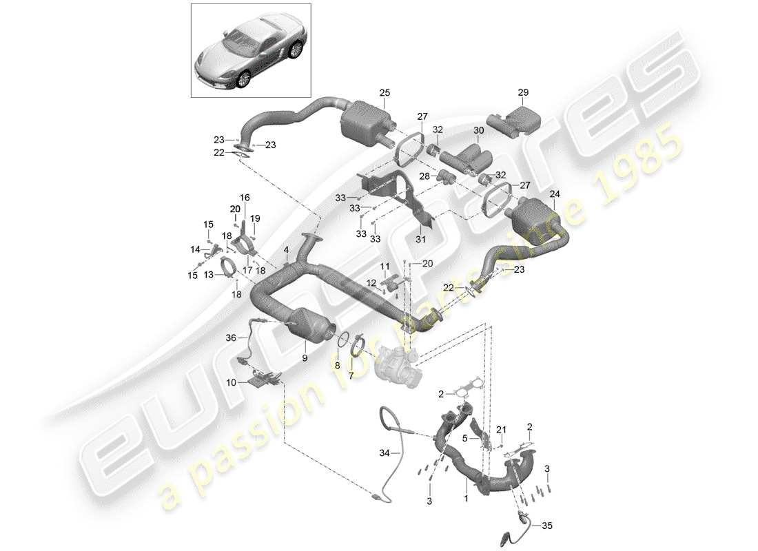 porsche 2017 (718 boxster) diagrama de piezas del sistema de escape