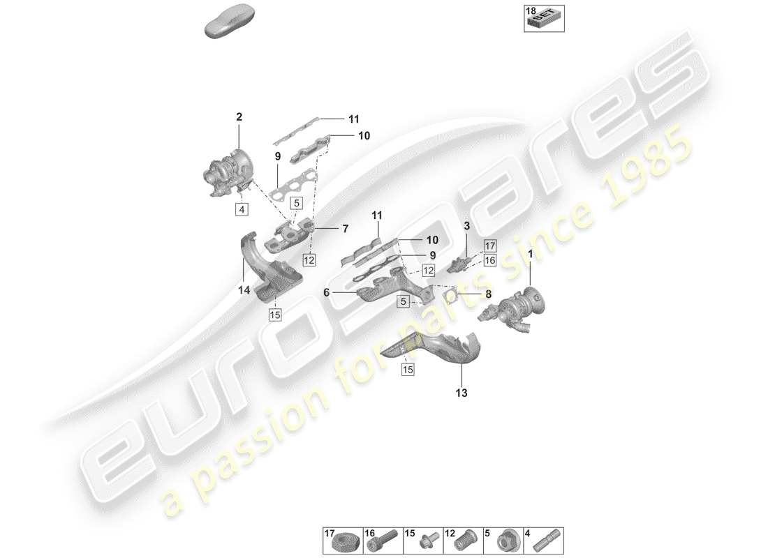 porsche 2019 (992-1) turbocompresor de gases de escape diagrama de piezas