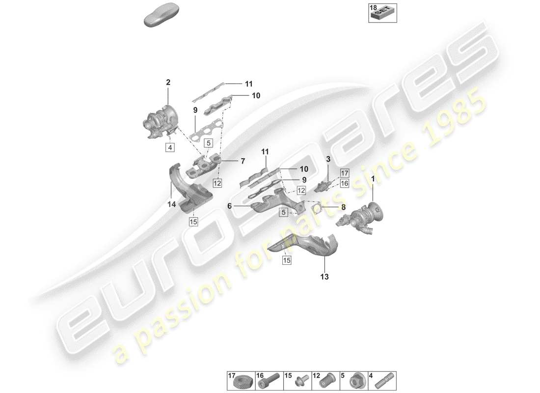 porsche 992 (2019) diagrama de piezas del turbocompresor de gas de escape