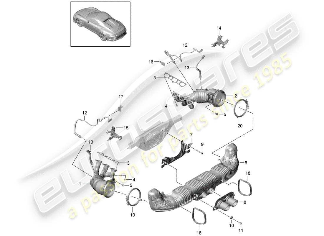 porsche 2015 (991-1 r/gt3/rs) diagrama de piezas del sistema de escape