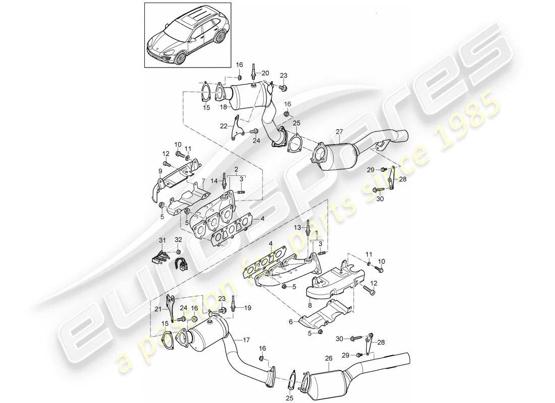 porsche 2016 (cayenne e2 92a) sistema de escape diagrama de piezas