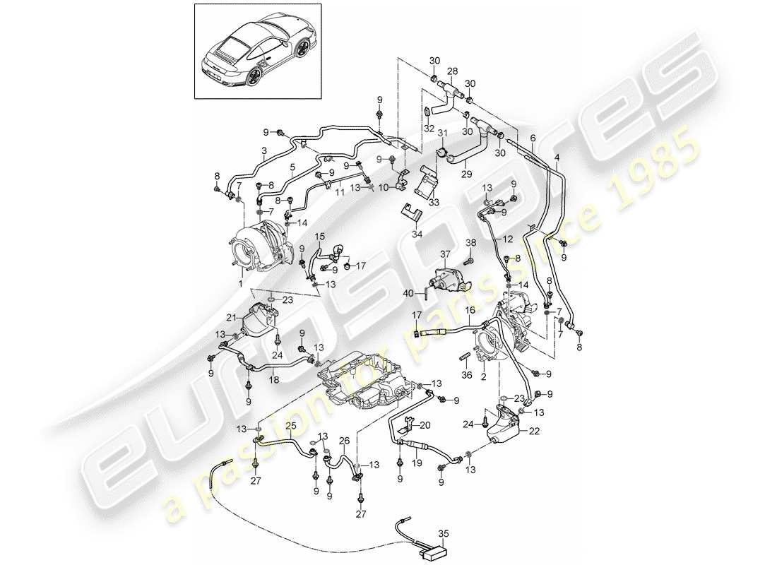 porsche 2012 (997-2 turbo / gt2 rs) diagrama de piezas del turbocompresor de gas de escape