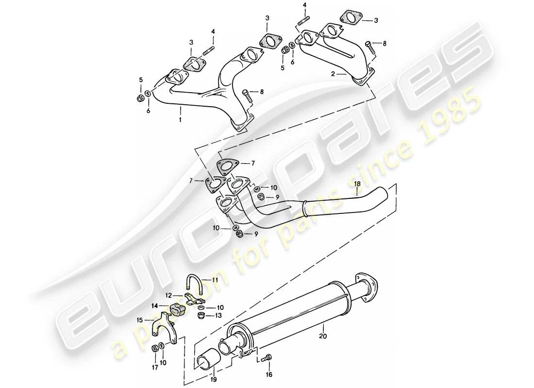porsche 1986 (944) sistema de escape - silenciador de escape, delantero diagrama de piezas