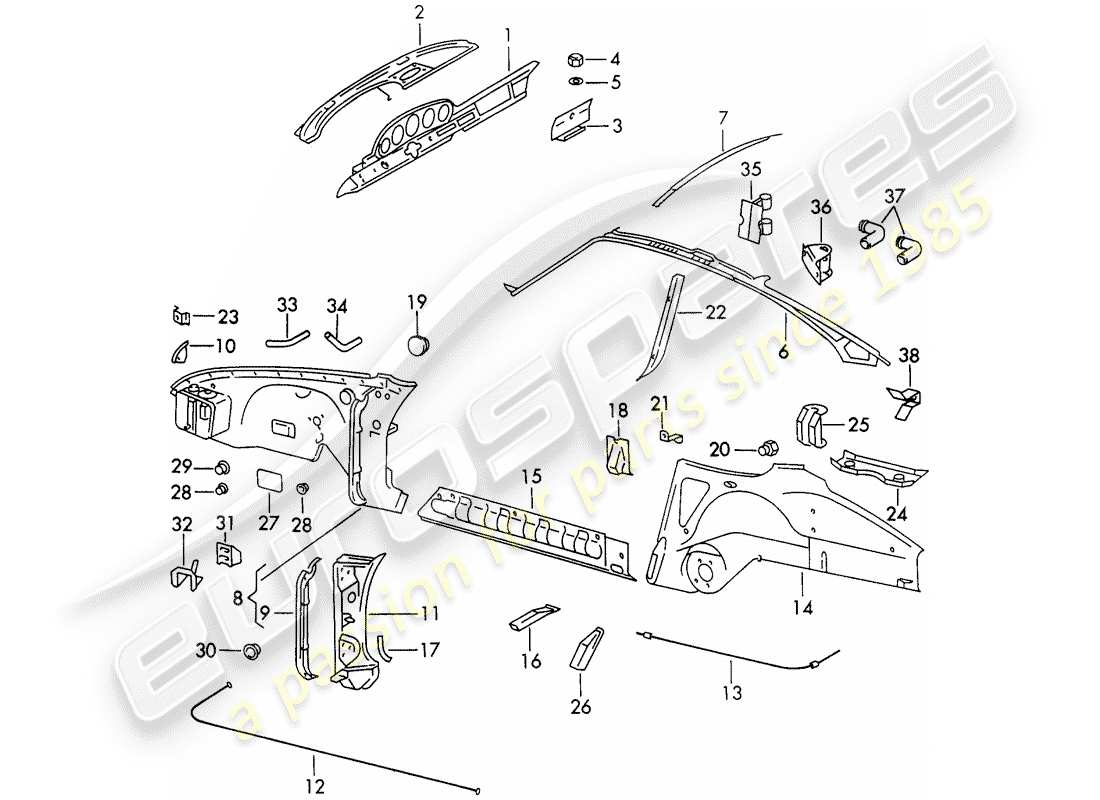 porsche 1970 (911) paneles interiores diagrama de piezas