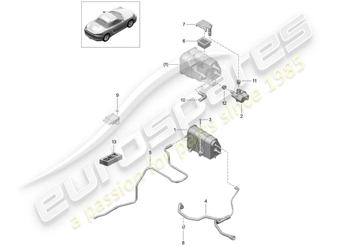 porsche 2018 (718 boxster) diagrama de piezas del recipiente de emisiones evaporativas