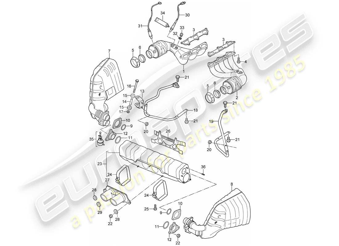 porsche 2007 (997-1 gt3) sistema de escape diagrama de piezas