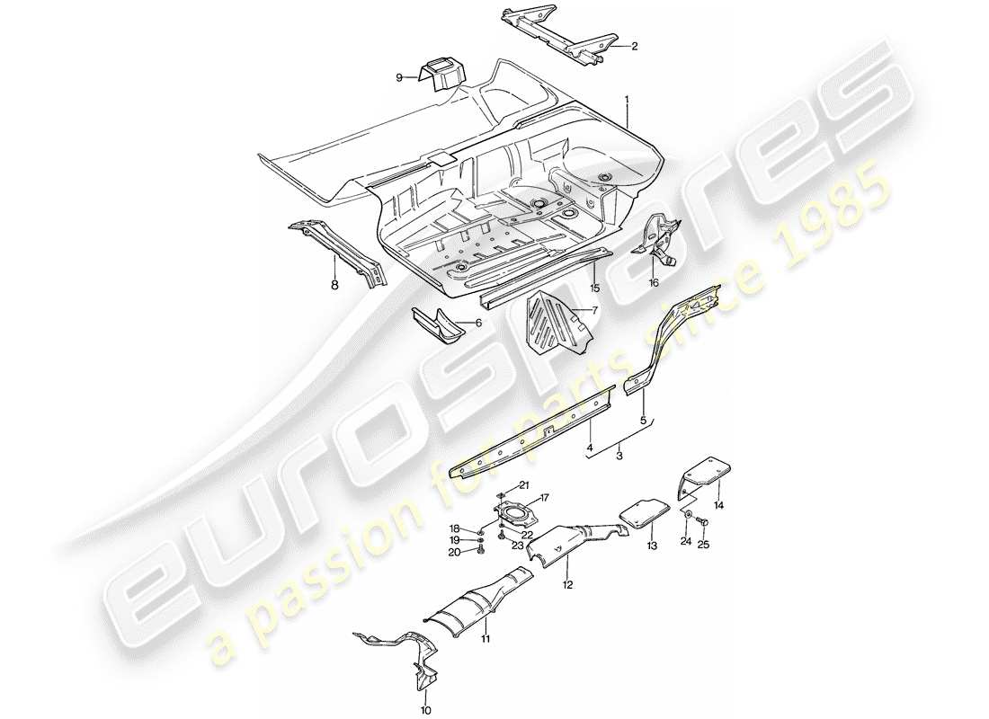 porsche 1982 (928) pan de piso - marco diagrama de piezas