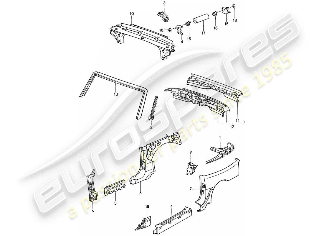 porsche 1993 (968) panel lateral - marco del parabrisas - placa extrema diagrama de piezas