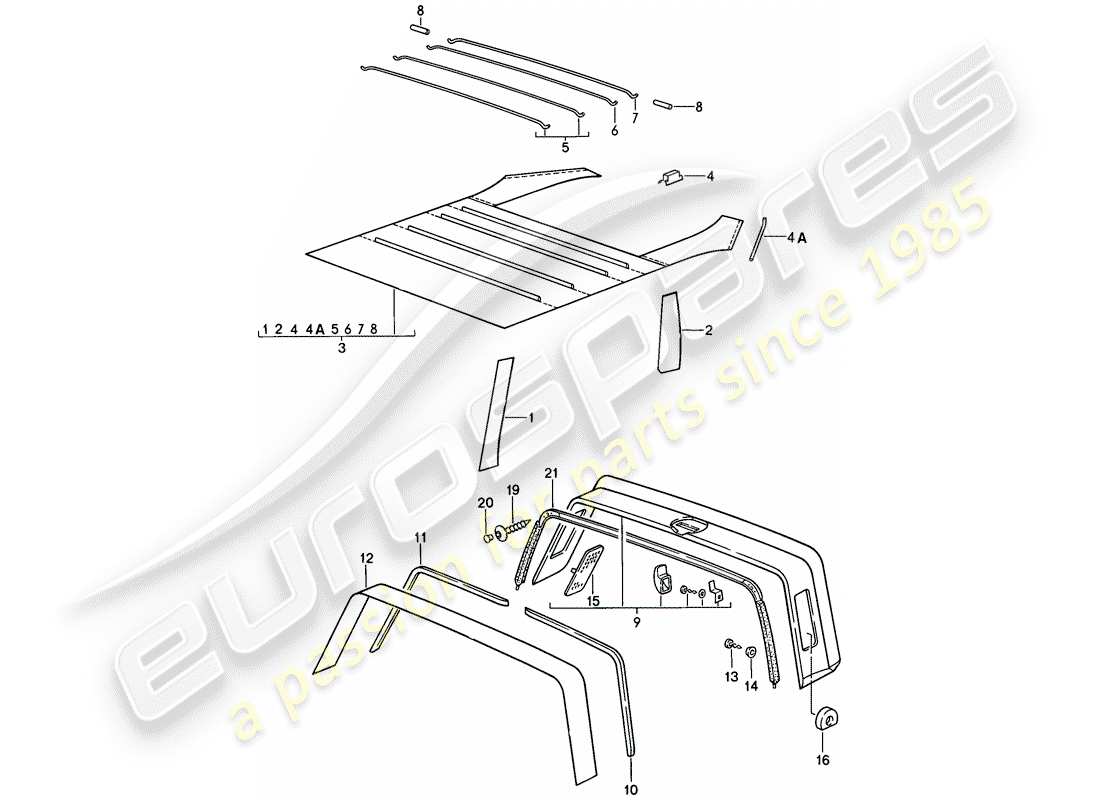 porsche 1989 (911) equipamiento interior - techo - barra antivuelco diagrama de piezas