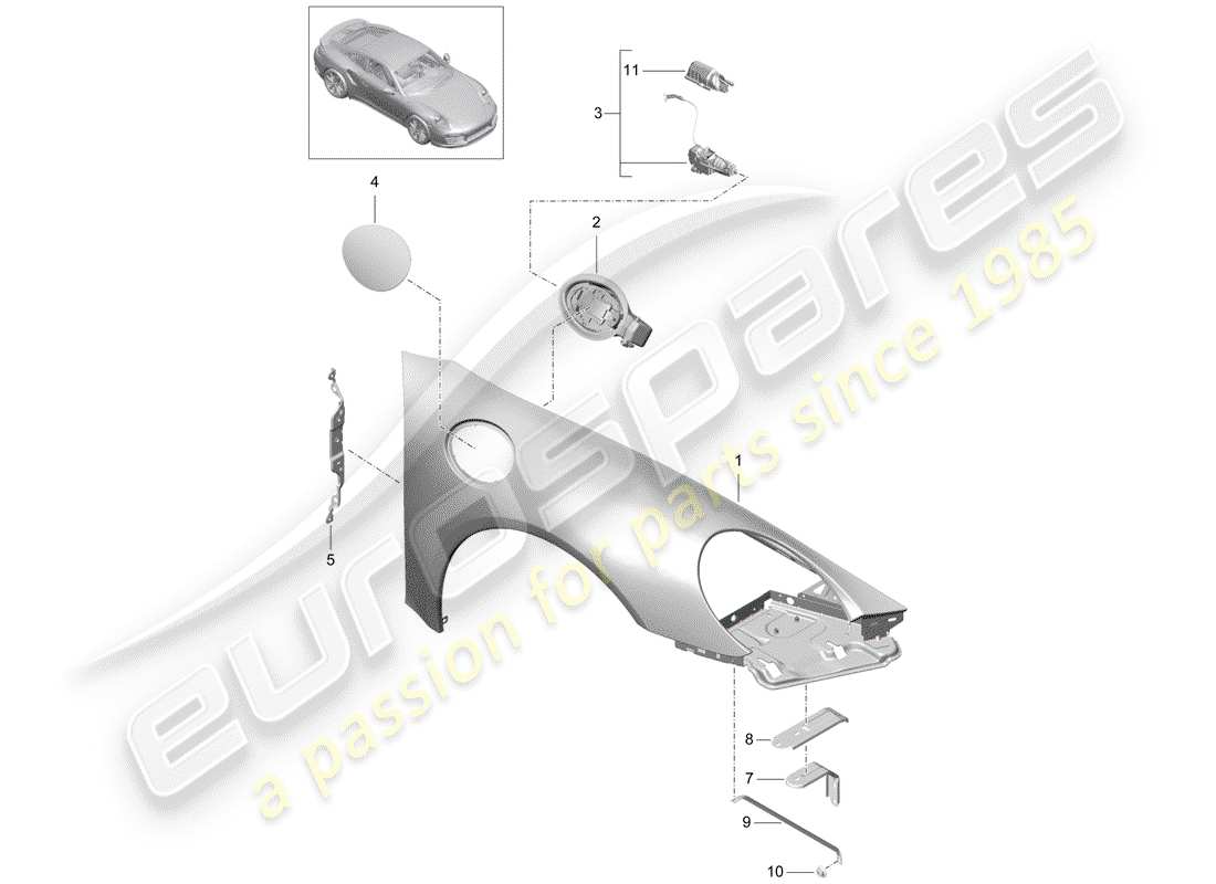 porsche 991 turbo (2017) diagrama de piezas del guardabarros
