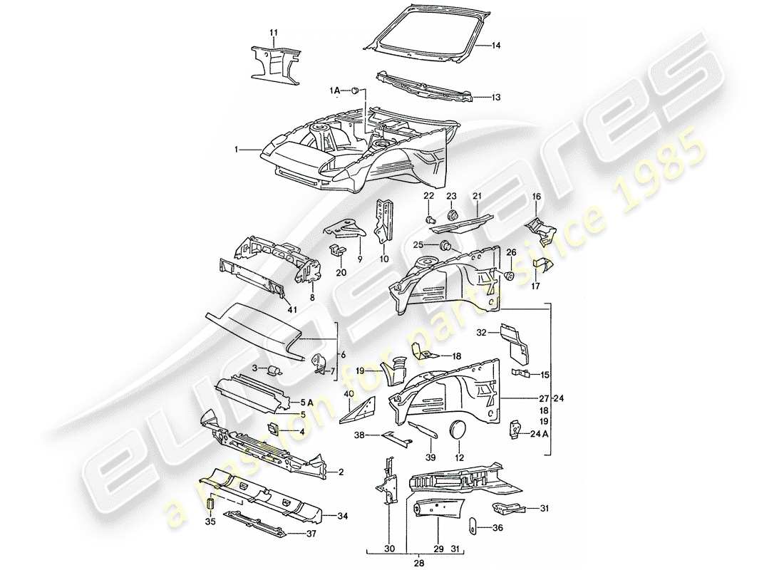 porsche 1991 (944) sección frontal del cuerpo diagrama de piezas