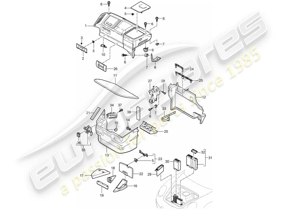 porsche 997 (2006) compartimiento de equipaje diagrama de piezas