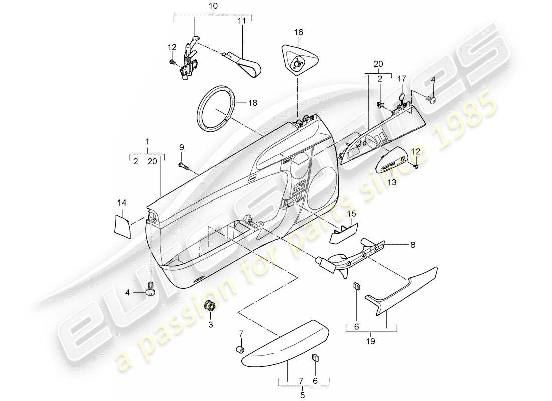 porsche 2013 (997-2 turbo / gt2 rs) diagrama de piezas del panel de puerta