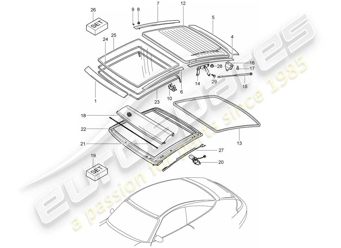 porsche 2003 (996) techo de cristal - adornos diagrama de piezas