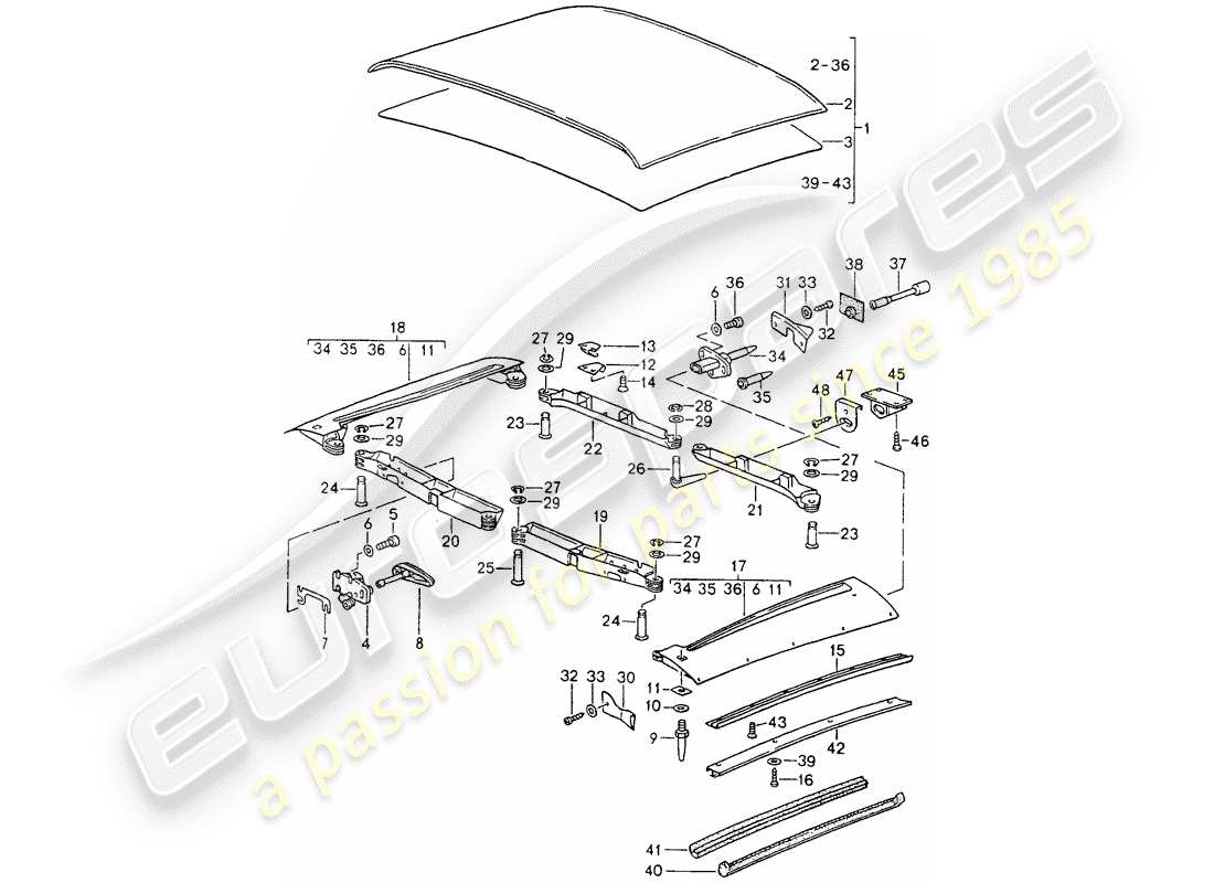 porsche 964 (1989) diagrama de piezas de la capota blanda