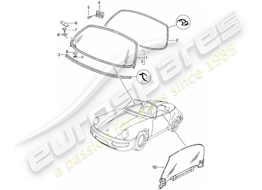 porsche 1990 (964) acristalamiento de ventanas diagrama de piezas