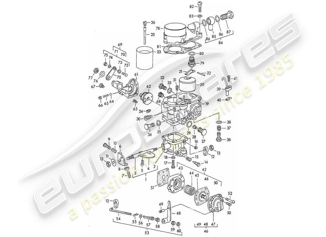 porsche 1954 (356/356a) piezas simples - para - carburador - solex 32 pbi diagrama de piezas