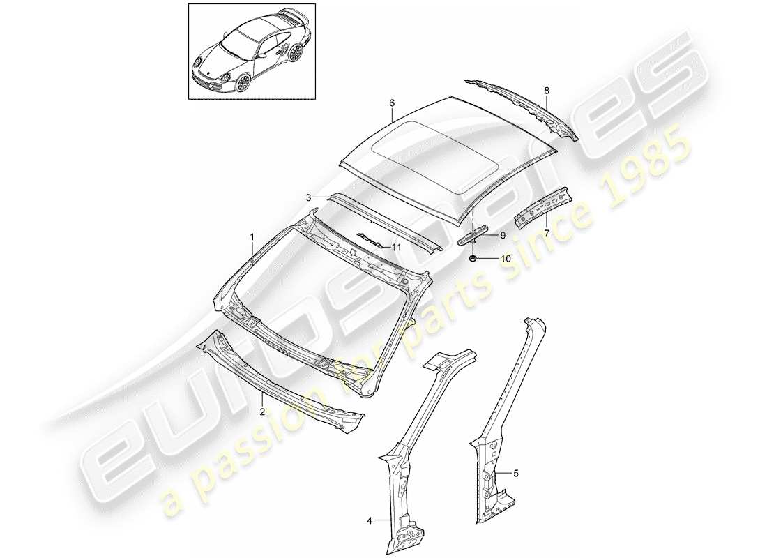 porsche 2011 (997-2 turbo / gt2 rs) capucha diagrama de piezas