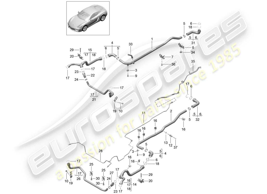 porsche 2016 (981 cayman) refrigeración por agua 1 diagrama de piezas