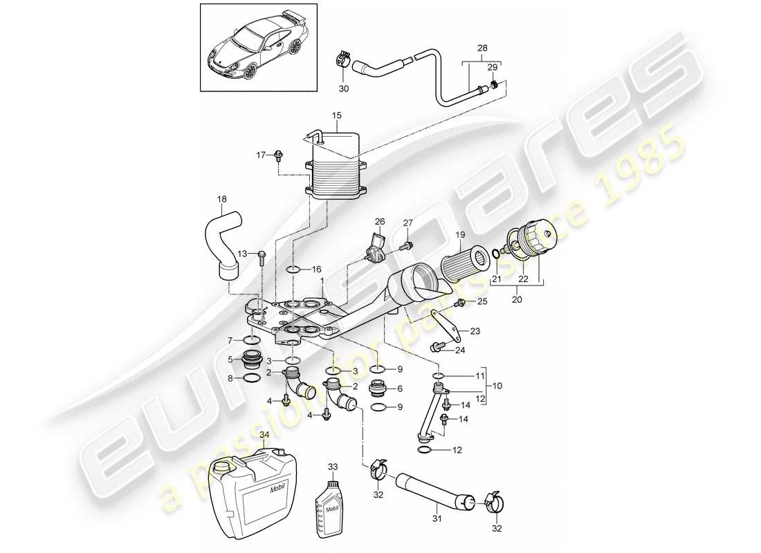 porsche 2007 (997-1 gt3) diagrama de piezas del filtro de aceite