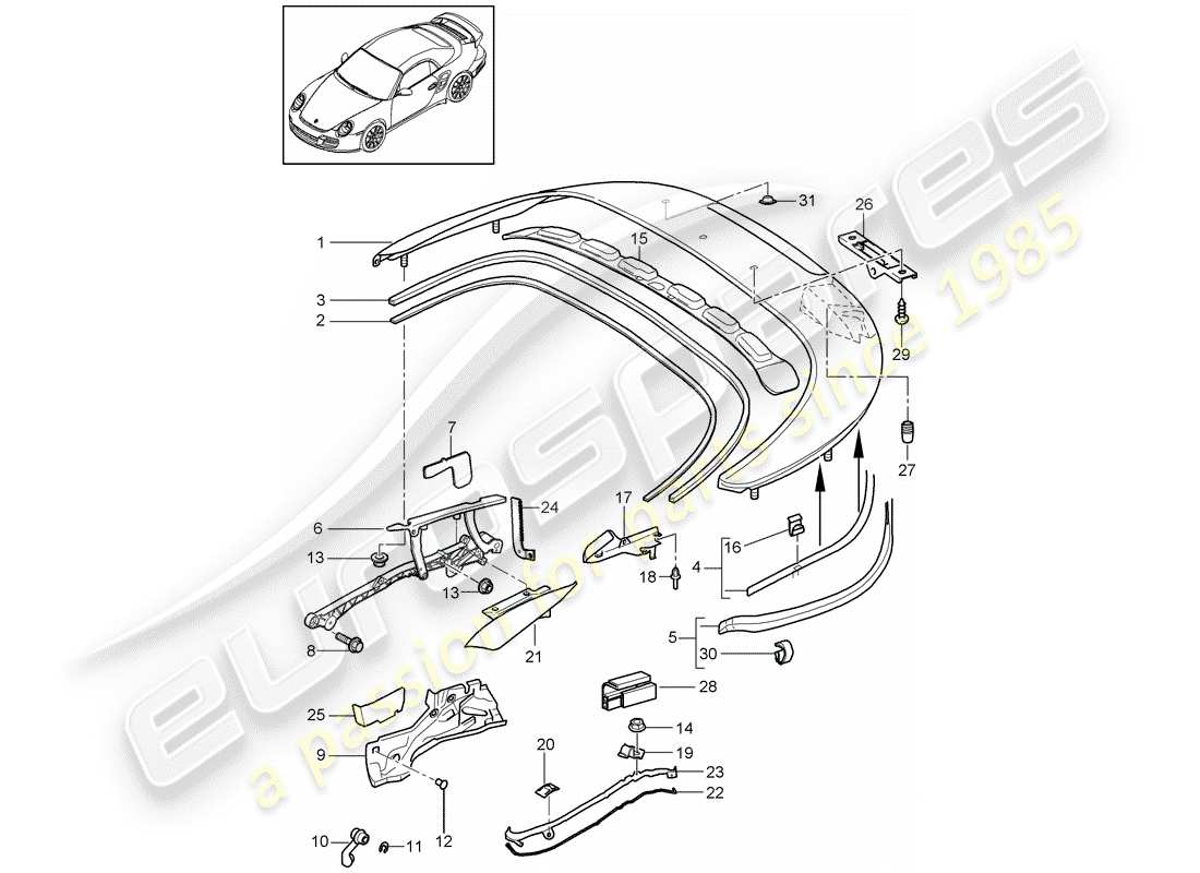 porsche 2013 (997-2 turbo / gt2 rs) caja de almacenaje superior diagrama de piezas