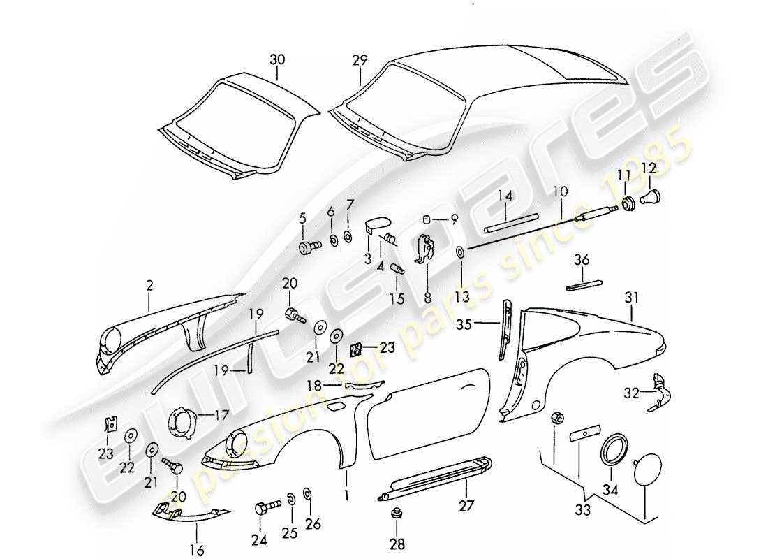 porsche 1966 (911/912) paneles exteriores diagrama de piezas