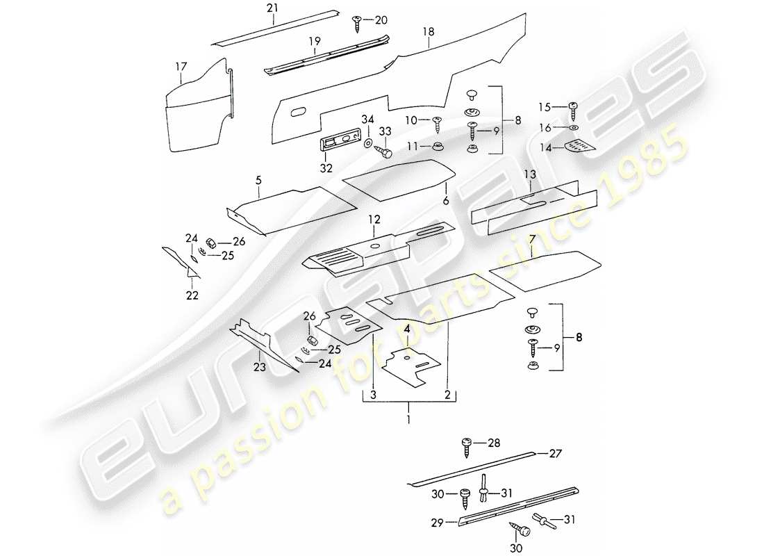 porsche 1969 (911/912) equipamiento interior diagrama de piezas