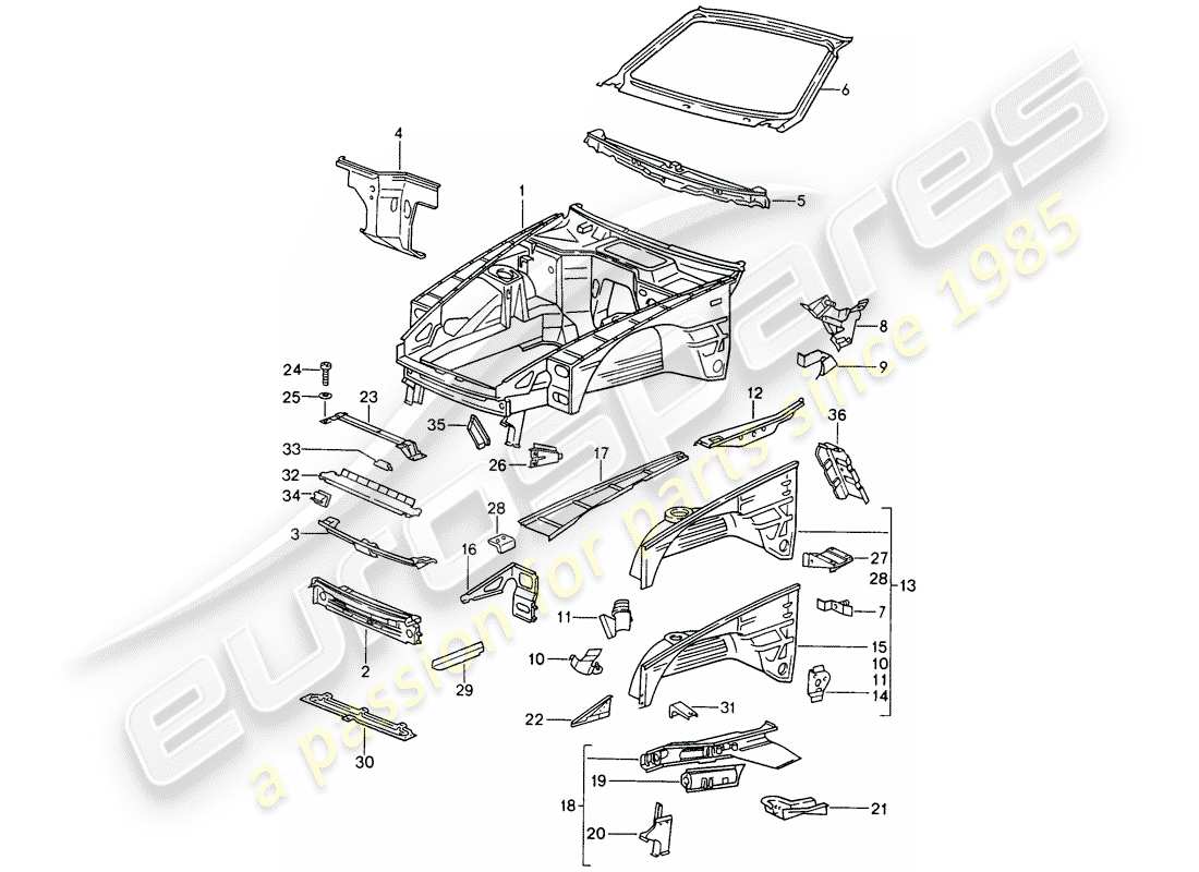 porsche 1994 (968) sección frontal del cuerpo diagrama de piezas